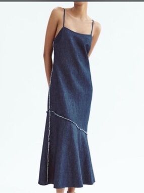 Zara Dark Denim Slip Midi Dress (XS)